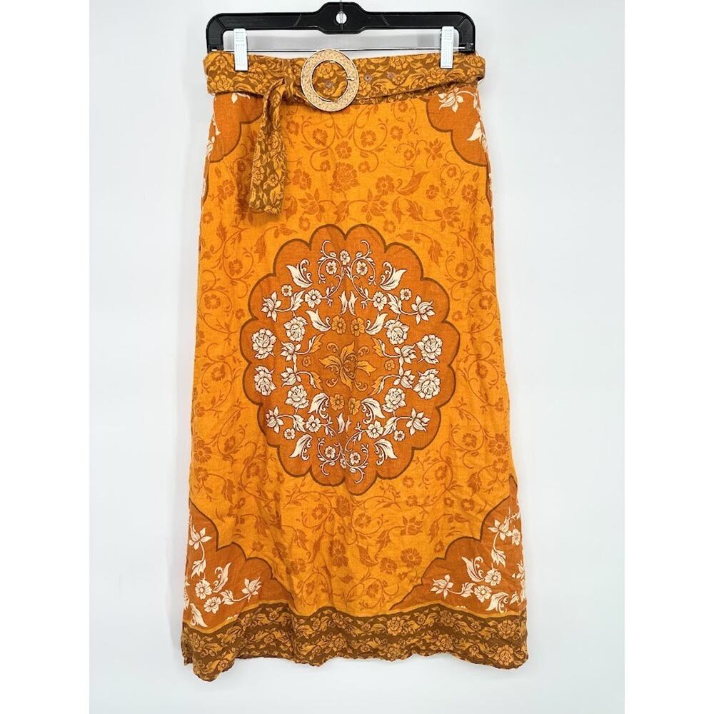 Rachel Zoe Skirt Linen Blend Maxi Small Belted Boho Hippie Beach Festival Orange